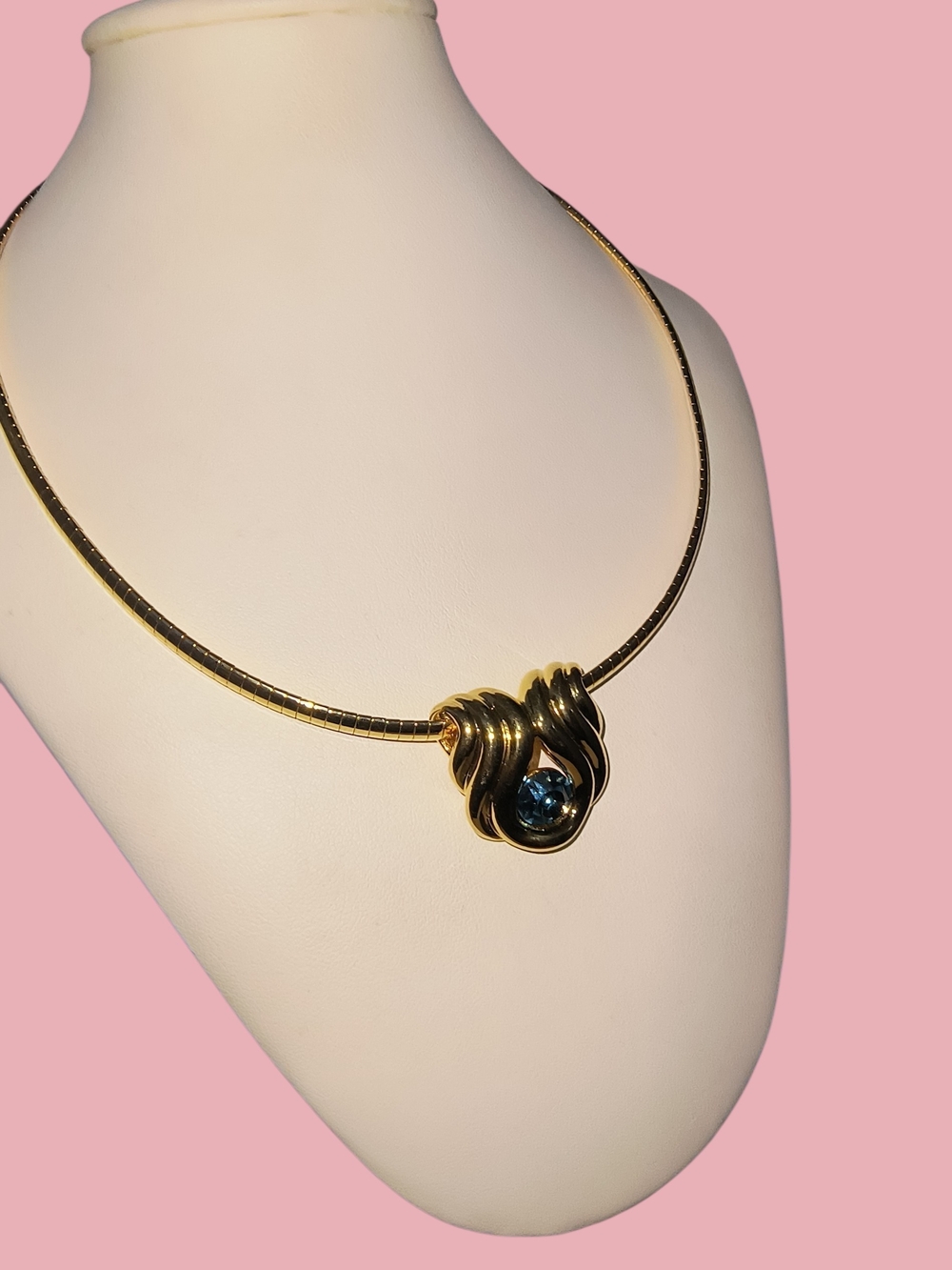 Nolan Miller Gold Tone Necklace with Blue Stone Slide Pendant On Omega Chain